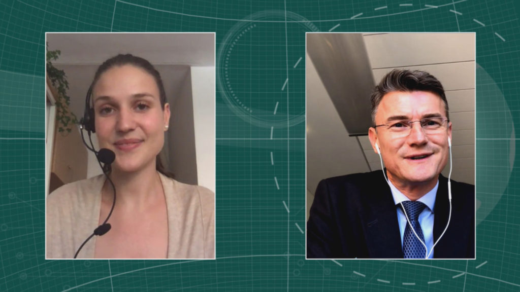 Dr. Markus Rudolph, Geschäftsführer InfectoPharm (Rechts) im Interview mit Maria Huber, Redaktion PharmaBarometer, anlässlich der Preisverleihung © Eurecon Verlag / Kupconcept